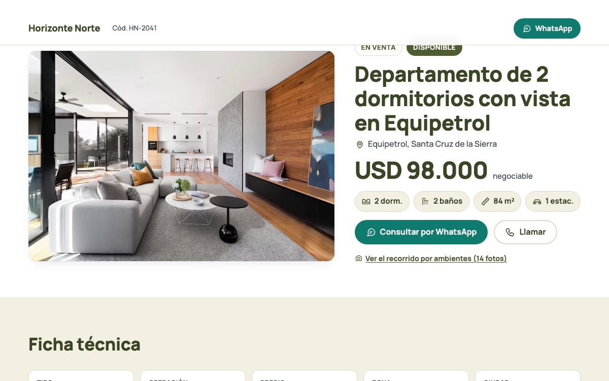 Captura de la demo de landing por propiedad (departamento en Equipetrol) en una computadora
