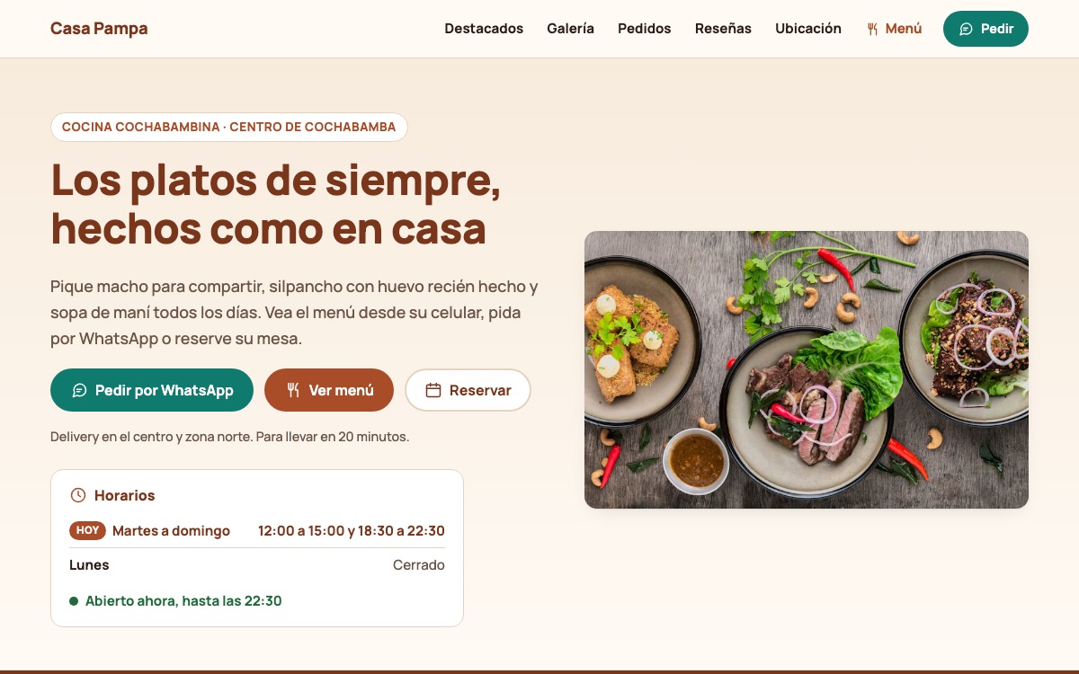 Captura de la demo Casa Pampa, restaurante cochabambino, en una computadora